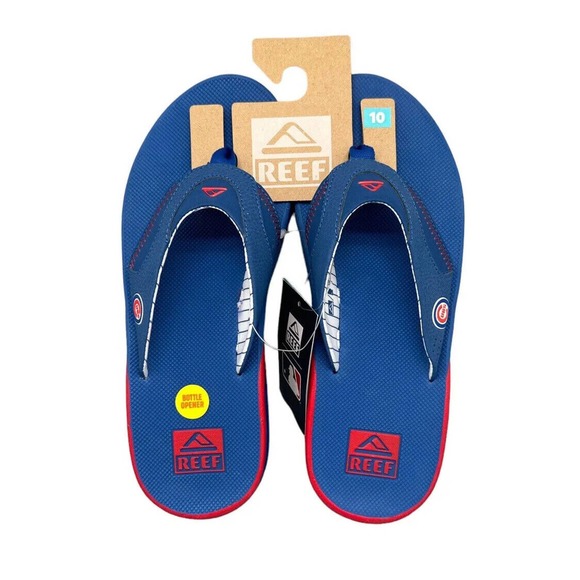 Reef Fanning MLB Chicago Cubs Bottle Opener Blue Sandals Men Size 10 - Picture 1 of 2